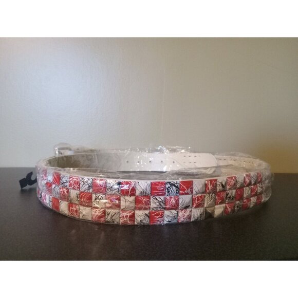 White Faux Leather Belt Red White Studs Black Marble Punk Y2K Adjustable Waist - Picture 1 of 2